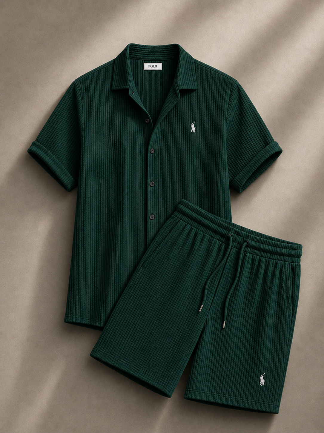 Men's Pony Embroidery Ribbed Knit Matching Short Set 🔥
