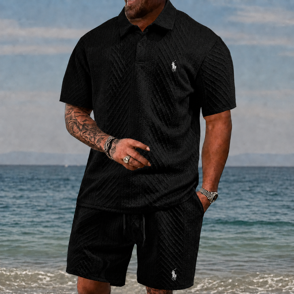 Men’s Diamond Pattern Turn-Down Collar Short Sleeve Top & Drawstring Shorts 2-Piece Set