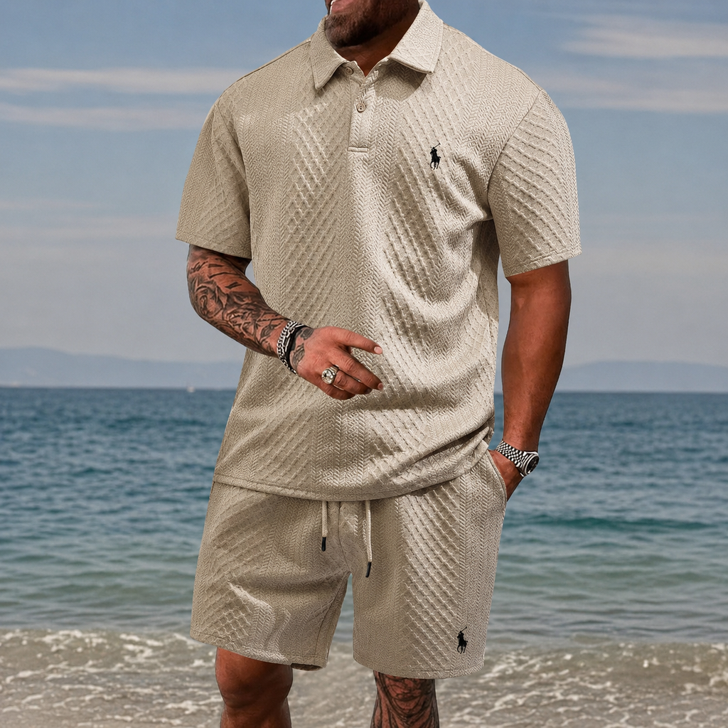 Men’s Diamond Pattern Turn-Down Collar Short Sleeve Top & Drawstring Shorts 2-Piece Set