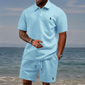 Men’s Diamond Pattern Turn-Down Collar Short Sleeve Top & Drawstring Shorts 2-Piece Set