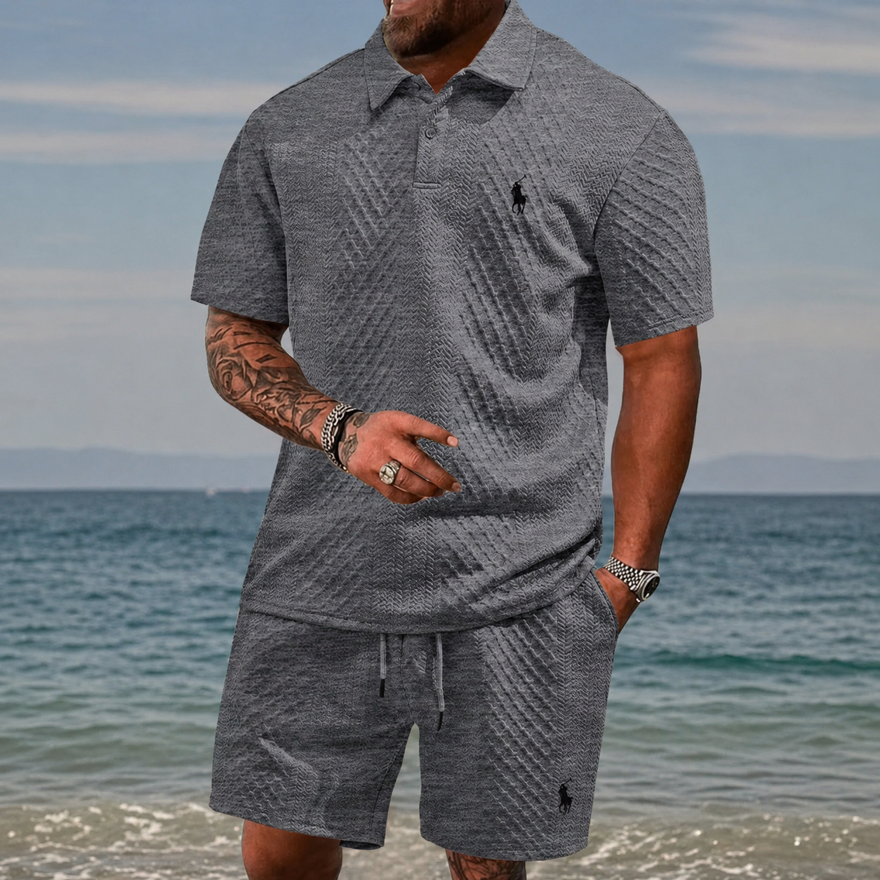 Men’s Diamond Pattern Turn-Down Collar Short Sleeve Top & Drawstring Shorts 2-Piece Set