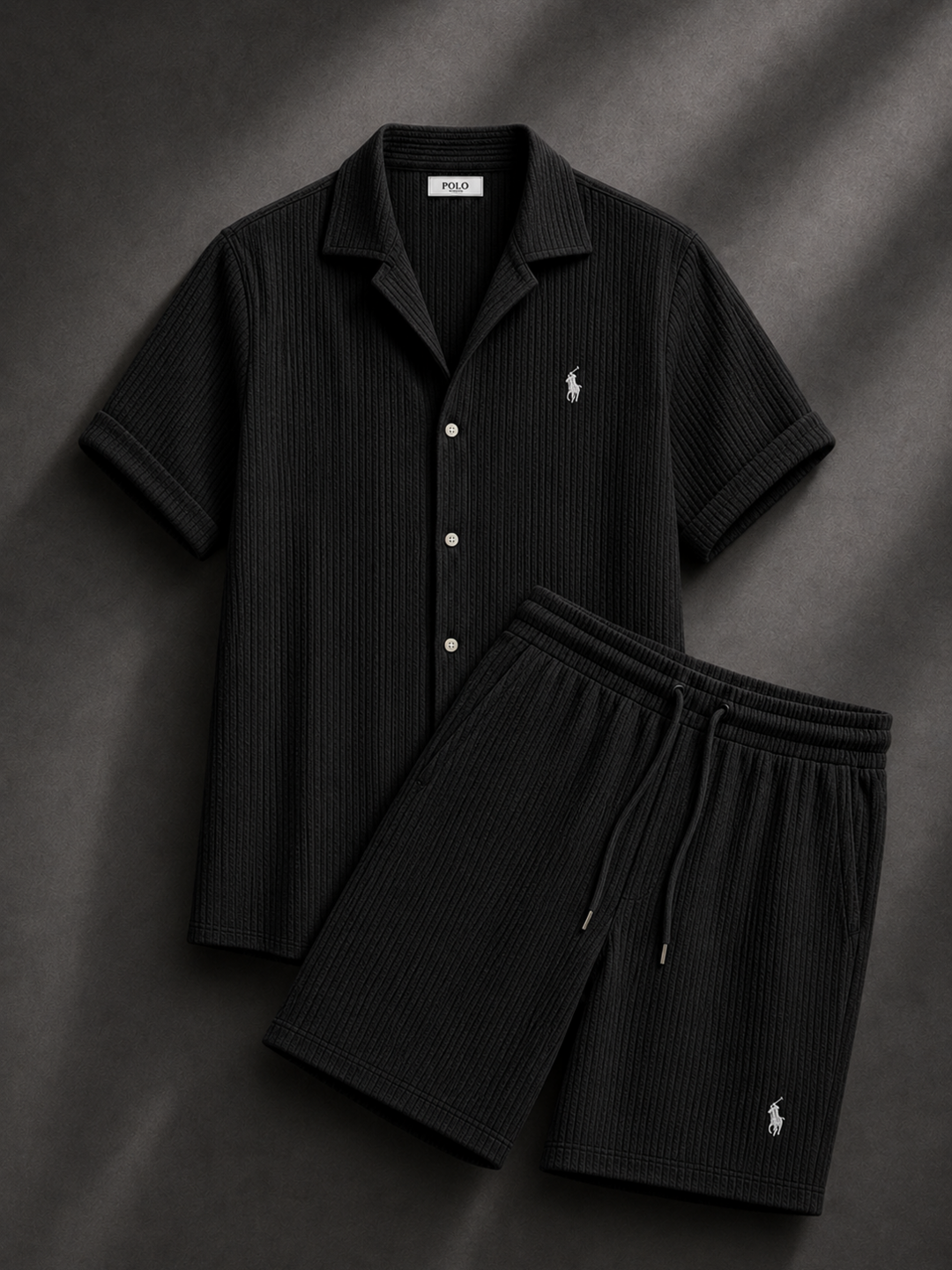 Men's Pony Embroidery Ribbed Knit Matching Short Set 🔥