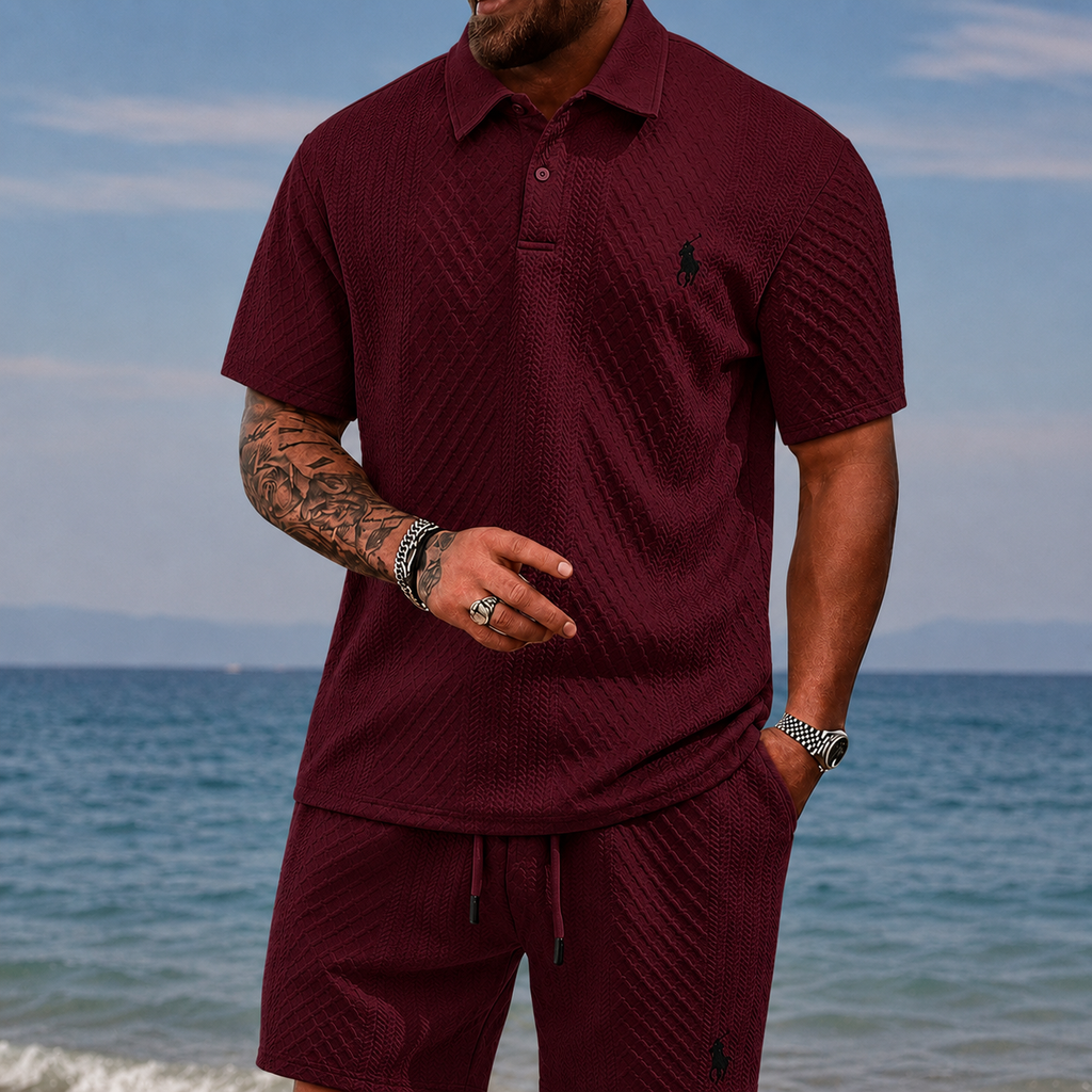 Men’s Diamond Pattern Turn-Down Collar Short Sleeve Top & Drawstring Shorts 2-Piece Set