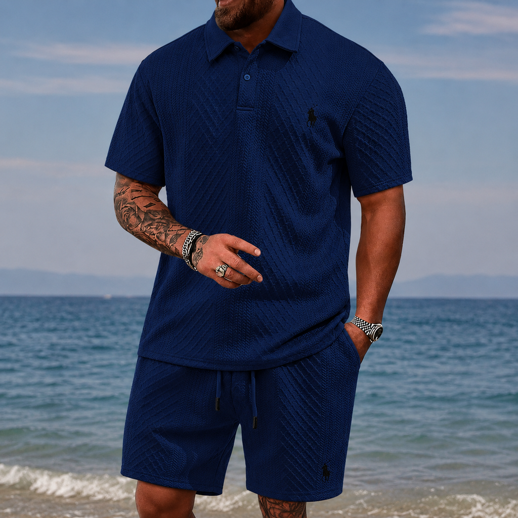 Men’s Diamond Pattern Turn-Down Collar Short Sleeve Top & Drawstring Shorts 2-Piece Set