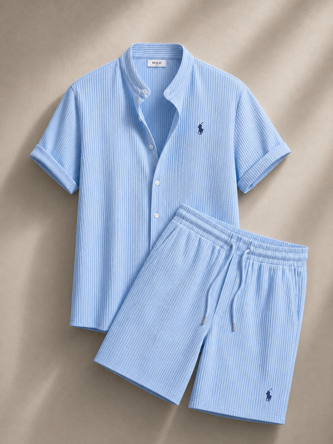 Men's Pony Embroidery Ribbed Knit Matching Short Set 🔥