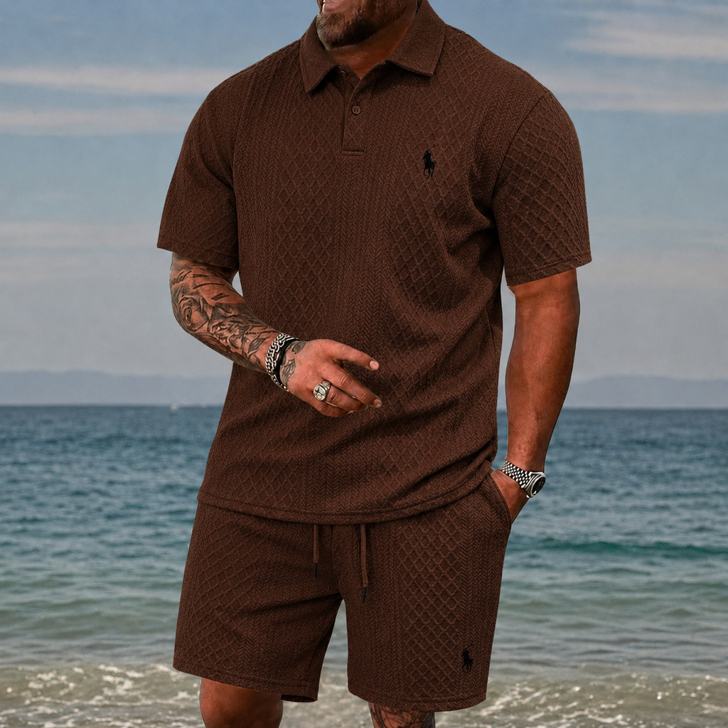 Men’s Diamond Pattern Turn-Down Collar Short Sleeve Top & Drawstring Shorts 2-Piece Set