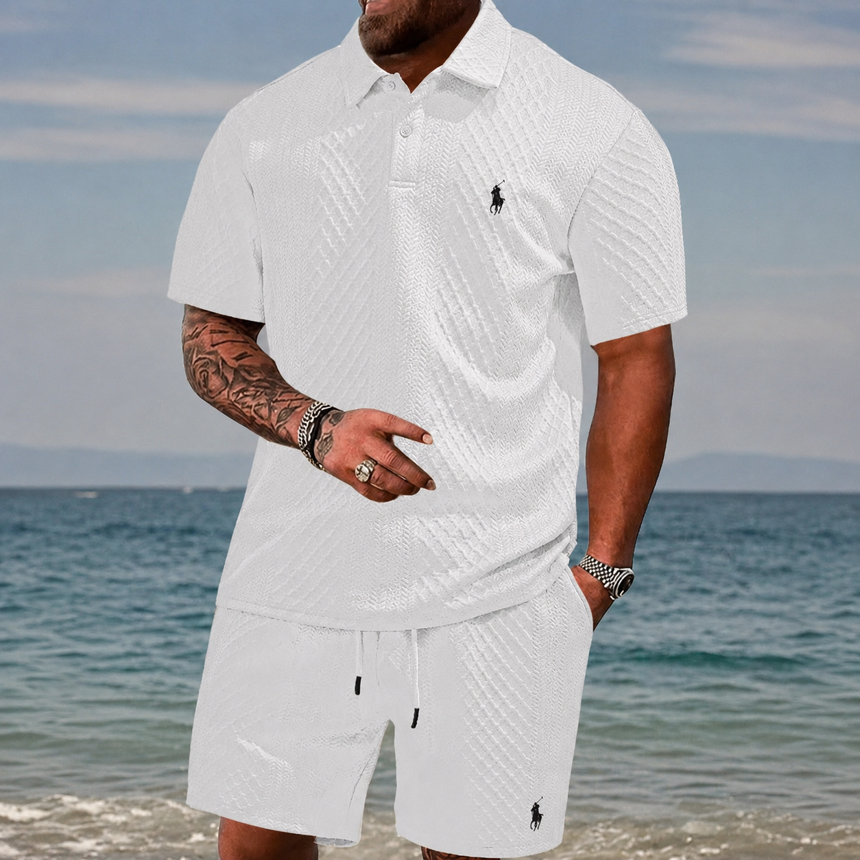 Men’s Diamond Pattern Turn-Down Collar Short Sleeve Top & Drawstring Shorts 2-Piece Set
