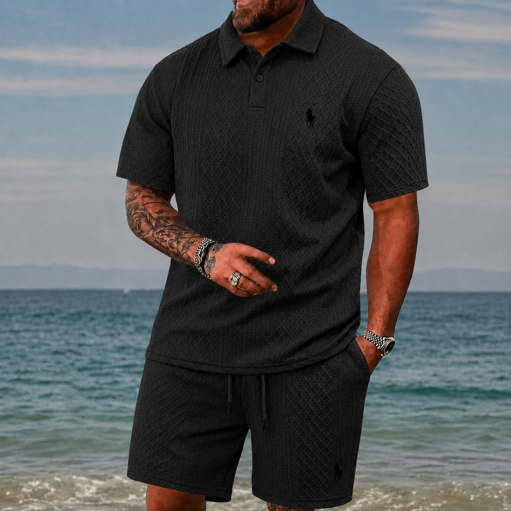 Men’s Diamond Pattern Turn-Down Collar Short Sleeve Top & Drawstring Shorts 2-Piece Set
