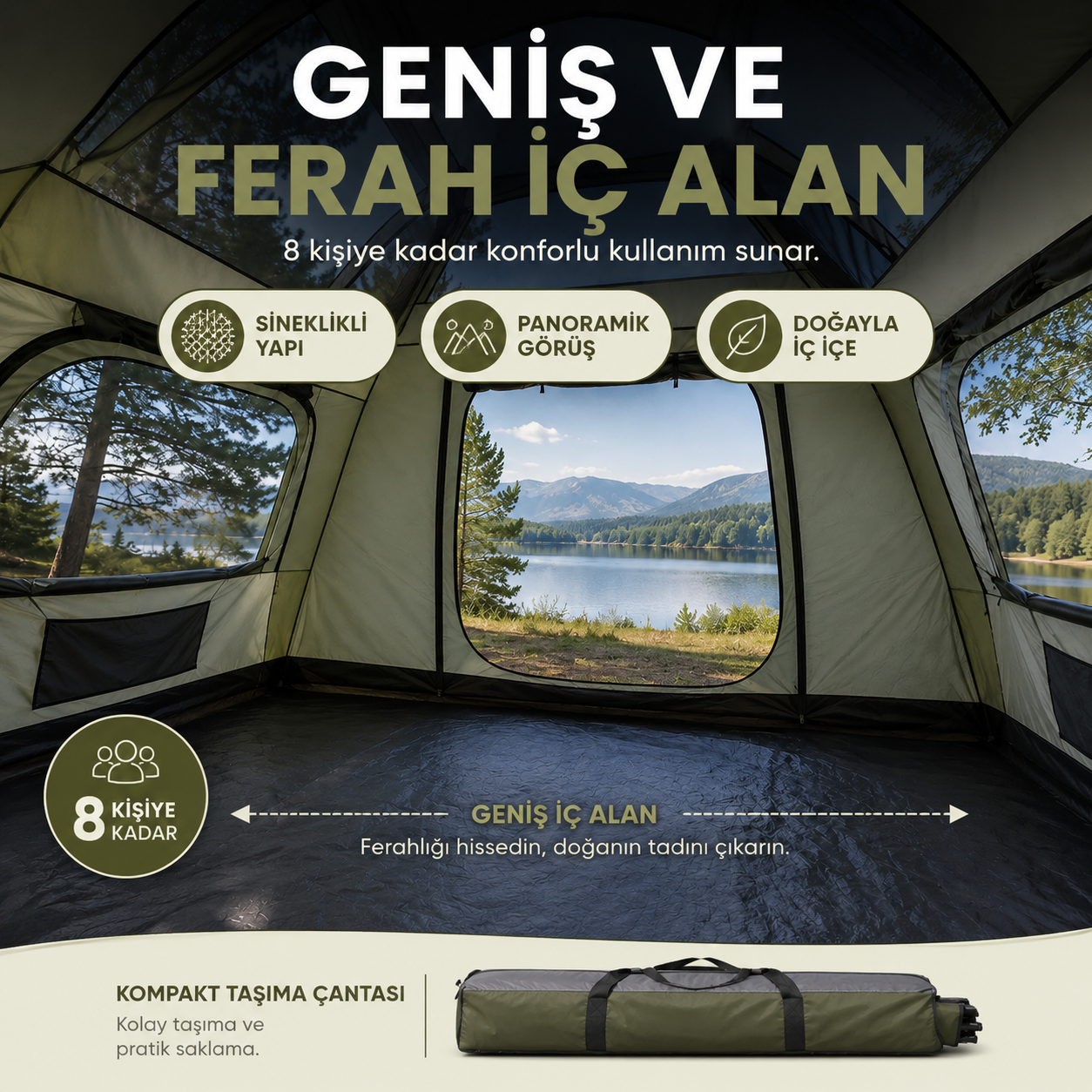 Spacious interior and mesh panels of the Kampora family camping tent