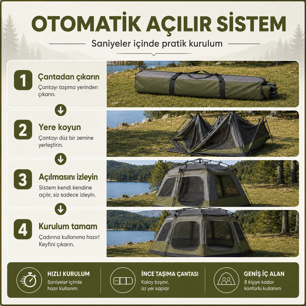 Automatic opening system of the Kampora family camping tent